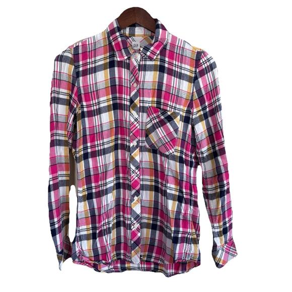 Gap Women's Flannel Pink Plaid Long Sleeve Button Down Shirt Oversized Small - Picture 1 of 12